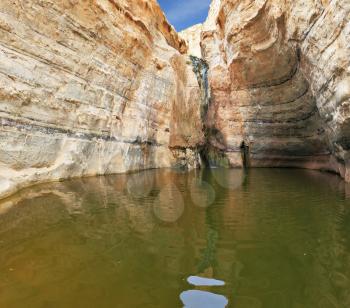 Picturesque canyon En-Avdat in the desert Negev. Sandstone walls of canyon form round bowl. The bowl of falls reflects the sky