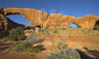  Two arches in a huge natural stone wall in National park  Arches in the USA