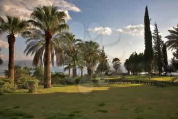 Charming beautiful park at a monastery on coast of lake Kineret in Israel