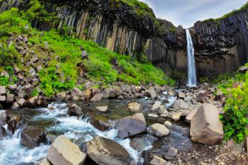 Magnificent waterfall Svartifoss in Icelandic park Skaftafell