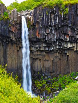 Black basalt faces framed by a jet of water. Magnificent waterfall Svartifoss in Icelandic Skaftafell park
