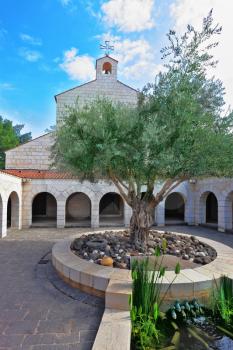 The court yard of ancient church on the Sea of Galilee  is decorated with gallery and an olive tree