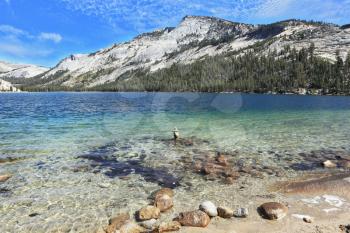 Gorgeous American nature. The majestic Lake Tioga in a hollow among the mountains famous Yosemite National Park