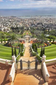 Grandiose magnificent landscape - Bahai gardens, Haifa and Mediterranean sea