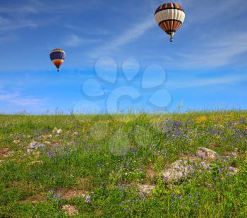 Two beautiful balloons fly over flowering field. Flowering Golan Heights on sunny day