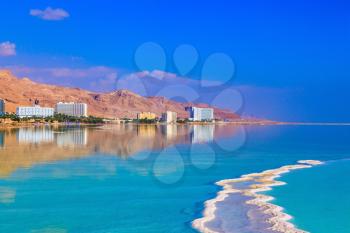 The shoaled Dead Sea at coast of Israel. Emerald water of the Dead Sea