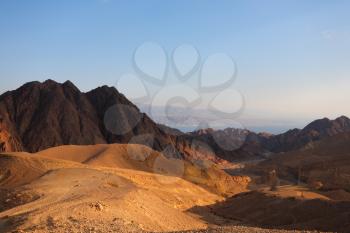 Winter morning in desert Sinai and Red sea in the distance