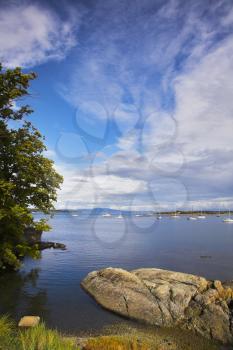 Yachts in strait and coastal park on island Vancouver