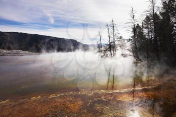 Hot fog above geothermal lakes in Yellowstone national Park