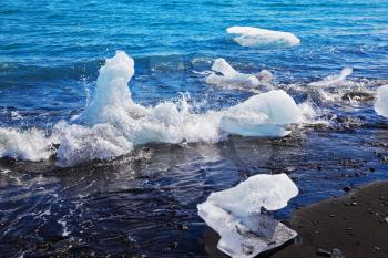 The Arctic Ocean. Iceland. Floating ices Yokulsaurloun lagoon on the beach with black sand