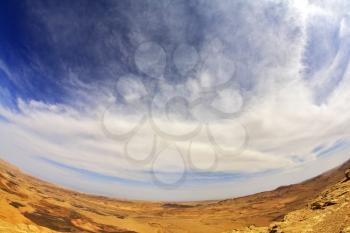 The bright sun in the stone desert, photographed by an objective the Fish eye