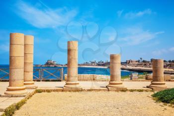 The scenic part of Caesarea National Park.  Ancient columns from the Roman period on Mediterranean coast
