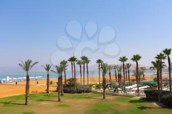 Palm Beach luxury hotel at the Dead Sea in Israel. Sunny spring day