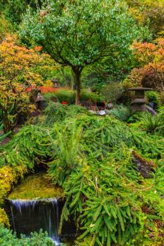 Quiet Japanese garden. Scenic decorative park Butchart Gardens on Vancouver Island, Canada