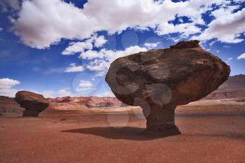 The American desert. Well-known huge mushroom from the red sandstone, shining clouds and midday shades
