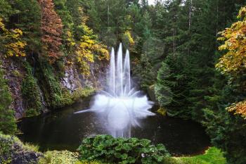 The tremendous fountain in the beautiful silent forest lake. Butchart-gardens on the Canadian island Vancouver in cloudy day