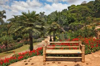 A masterpiece of landscape design - a huge and beautiful park in Thailand. Palm trees, flower beds and a comfortable bench