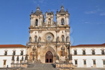 Catholic monastery and cathedral in the small city of Alkobasa. Facade ornaments. Portugal