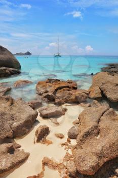 Similan Islands, Andaman Sea, Thailand.
 Finest white sand beaches, cliffs and azure water. Not far from the coast - sailing yacht