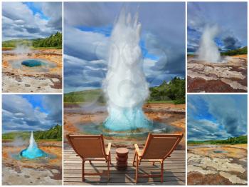 Collage -  card. The pillar of hot water and steam from forcing its way out of the ground. Phases of the eruption of the geyser Strokkur in Iceland. Two lounge chairs and  small table on  wooden platf