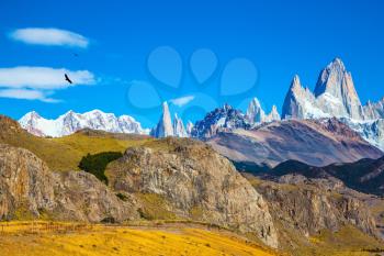 Amazing tops of Mountains Fitzroy are lit with the midday sun. Patagonia in February