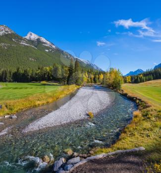 The stream among green and yellow grass lawns. Delightful park Banff in the Rocky Mountains of Canada