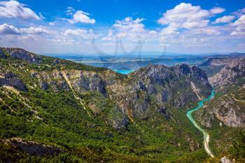 The alpine canyon Verdon spring. Canyon of Verdon, Provence. Turquoise water of the river is flowing at the bottom of the gorge