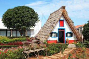 Charming white house with a gable roof. Old house-museum of the first settlers on the island of Madeira