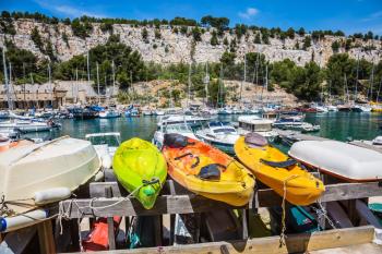 National Park Calanques on the Mediterranean coast. Dock for repair of yachts and boats.  The fjords between stony coast