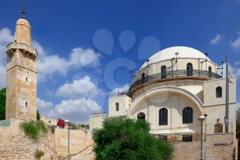 Famous restored Hurva Synagogue and Muslim minaret. Jerusalem, Israel