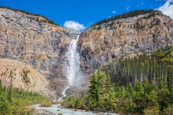  Yoho National Park. Autumn full-flowing waterfall Takakkaw. Rocky Mountains of Canada
