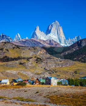 The town of El Chalten at the foot of fantastic rocks Fitz Roy. Incredible Patagonia