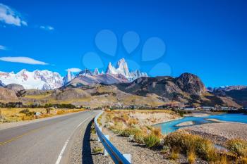 Sunny day in February in Argentine Patagonia. The beautiful  highway to the majestic mountain Fiz Roy