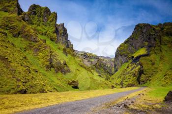  Canyon Pakgil - green grass and moss on fantastic rocks. On canyon there is dirt road. The summer  Iceland