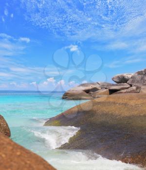  Pile of huge rocks and soft white sand beach.  The picturesque shores of magical Similan Islands