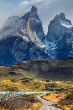 The concept of eco-tourism. Rocks Los Cuernos.  Chile, Patagonia, Torres del Paine National Park - Biosphere Reserve 