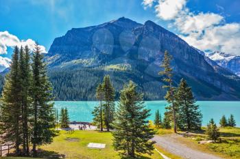 Rocky Mountains, Canada, Banff National Park. Magnificent Lake Louise in the mountains. A great sunny day