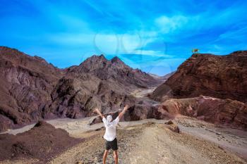 Lone tourist threw his hands up in delight in Eilat Mountains. Unique  outcrops  in the mountains of pink sandstone