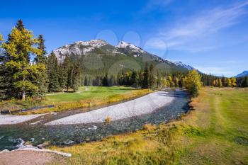 Sunny day in the Rocky Mountains of Canada.  The drying-up stream in the mountain valley park Banff