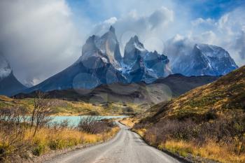 The concept of eco-tourism. Rocks Los Cuernos. Patagonia, Torres del Paine National Park - Biosphere Reserve 