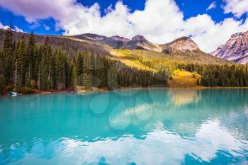 The smooth turquoise water in the wooded mountains. Charming mountain Emerald lake. Yoho National Park, Canada. Sunny day in autumn. The concept of eco-tourism 