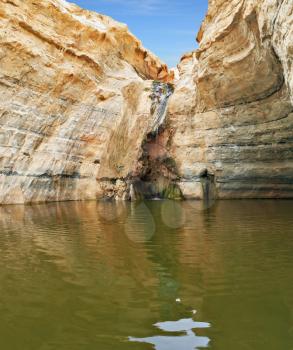 Unique canyon in the desert. Picturesque canyon Ein-Avdat in the Negev desert. Sandstone canyon walls form round bowl. Bowl waterfall reflects the sky