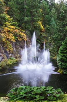 The tremendous fountain in beautiful park. Butchart-gardens on the Canadian island Vancouver in cloudy autumn day