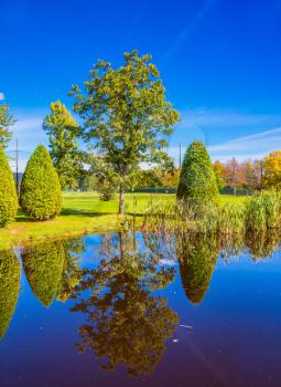 Autumn  in French Canada. Concept of recreational tourism. Small quiet pond with water mirror reflecting the decorative bushes and blue sky