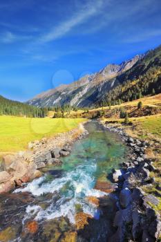 National Park Krimml Waterfalls in Austria. Headwaters of waterfalls - the narrow fast roiling river among green mountain meadows