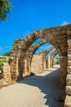National park Caesarea on the Mediterranean Sea. Arch overlappings of malls of antique times. Israel