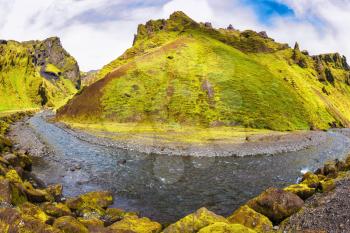 The canyon Pakgil is located among fantastic rocks. On a bottom of a canyon  fast shallow stream flows. The summer blossoming Iceland. The photo was taken Fisheye lens