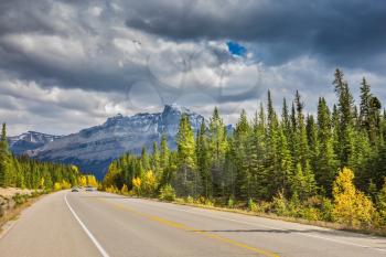 Great Banff. Excellent highway and surrounded by autumnal woods. Travel to the Bow River Canyon in September.  Canadian Rockies, Banff National Park in the autumn