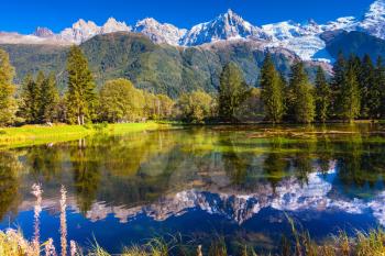  The snow-covered Alps and evergreen fir-trees are reflected in lake. Early fall in Chamonix, Haute-Savoie. France