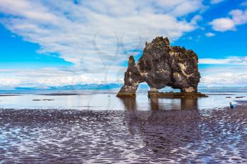 Stone mammoth Iceland. Hvitserkur picturesque rocks during low tide at sunset